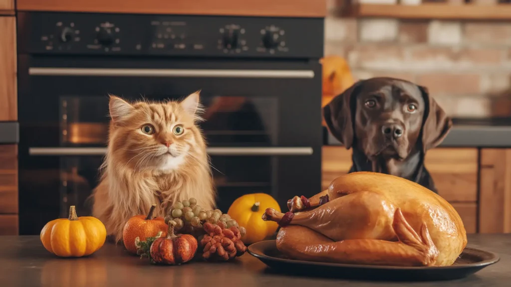 dog and cat sitting at the dinner table with thanksgiving food